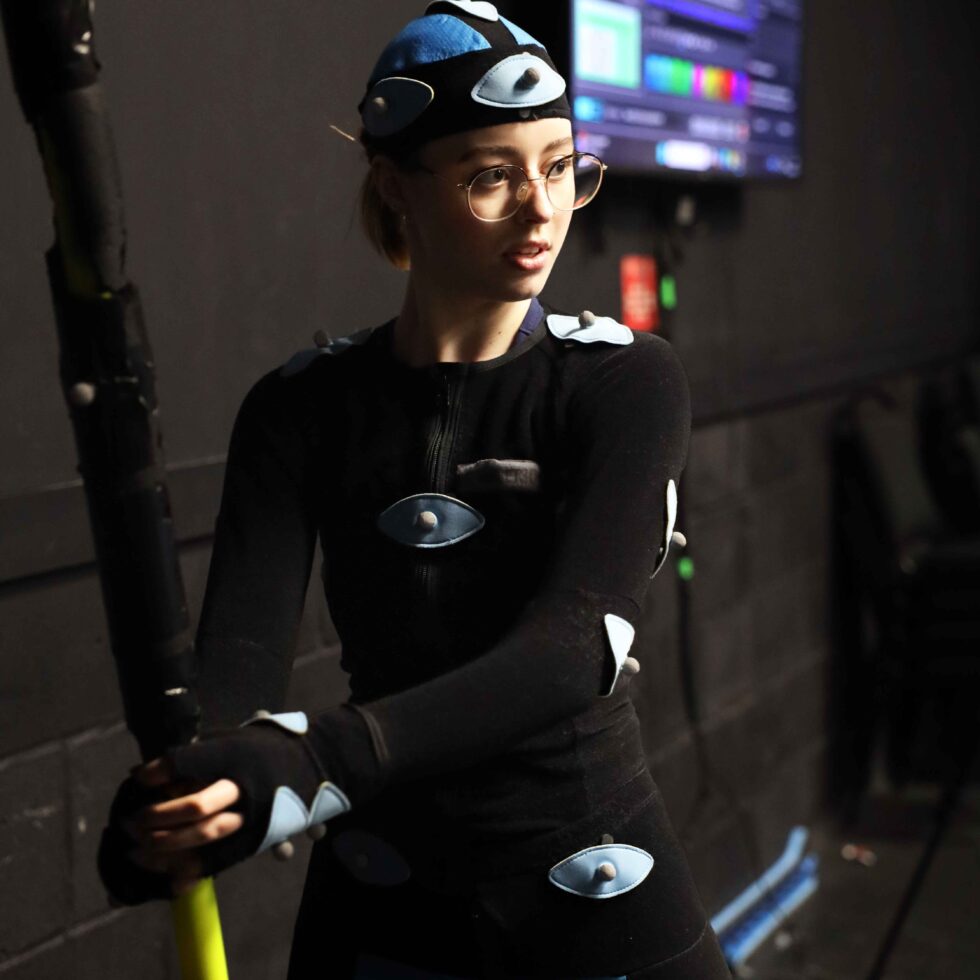 MetStudios student standing wearing a motion capture suit