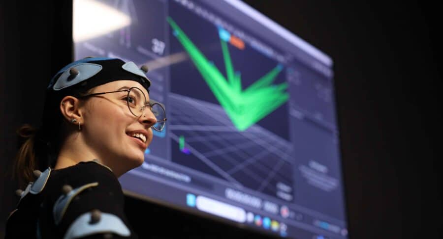 MetStudios student wearing motion capture equipment